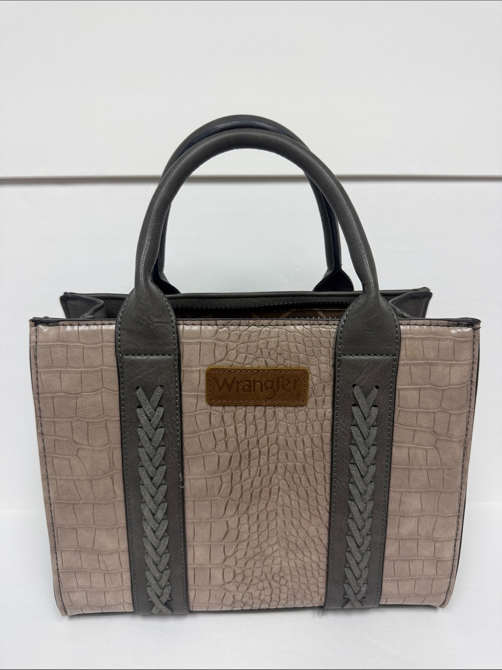 Wrangler Taupe Croc-Embossed Tote with Dark Gray Trim